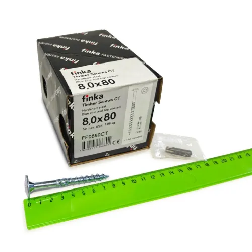Упаковка шурупов конструкционных Finka Timber Screws CT 8.0x80TX40 голубой цинк, тарелка 50шт/уп купить в Санкт-Петербурге