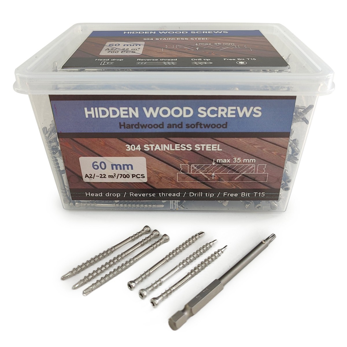 Упаковка саморезов (скрытый крепеж) Hidden Wood Screws А2 60мм 700шт/уп, серый