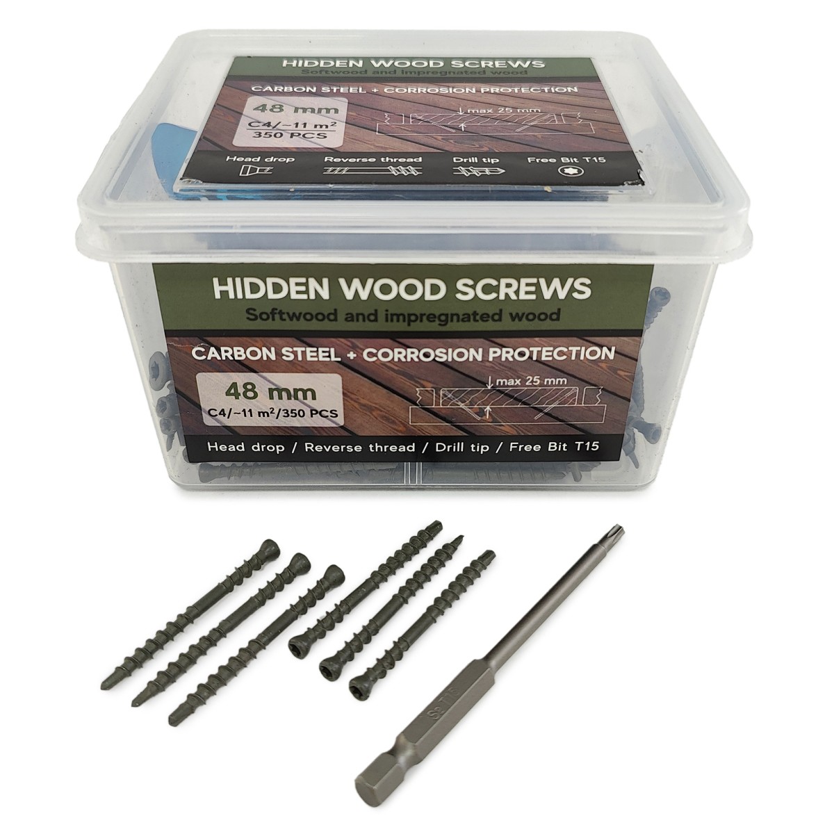 Упаковка саморезов (скрытый крепеж) Hidden Wood Screws С4 48мм 350шт/уп, серый