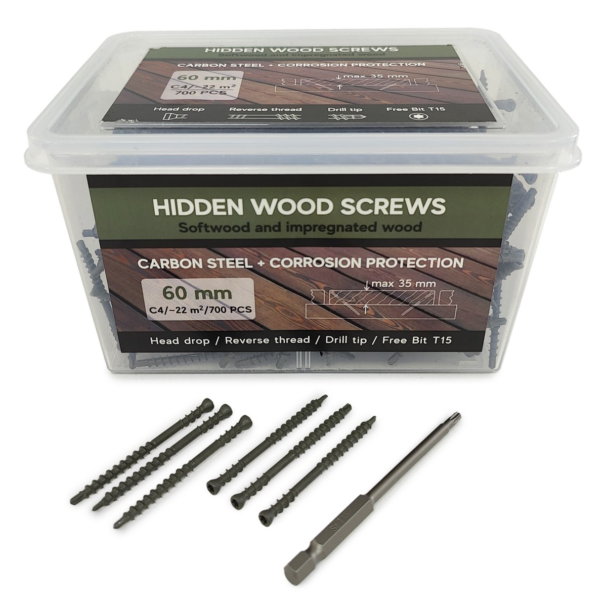 Упаковка саморезов (скрытый крепеж) Hidden Wood Screws С4 60мм 700шт/уп, серый