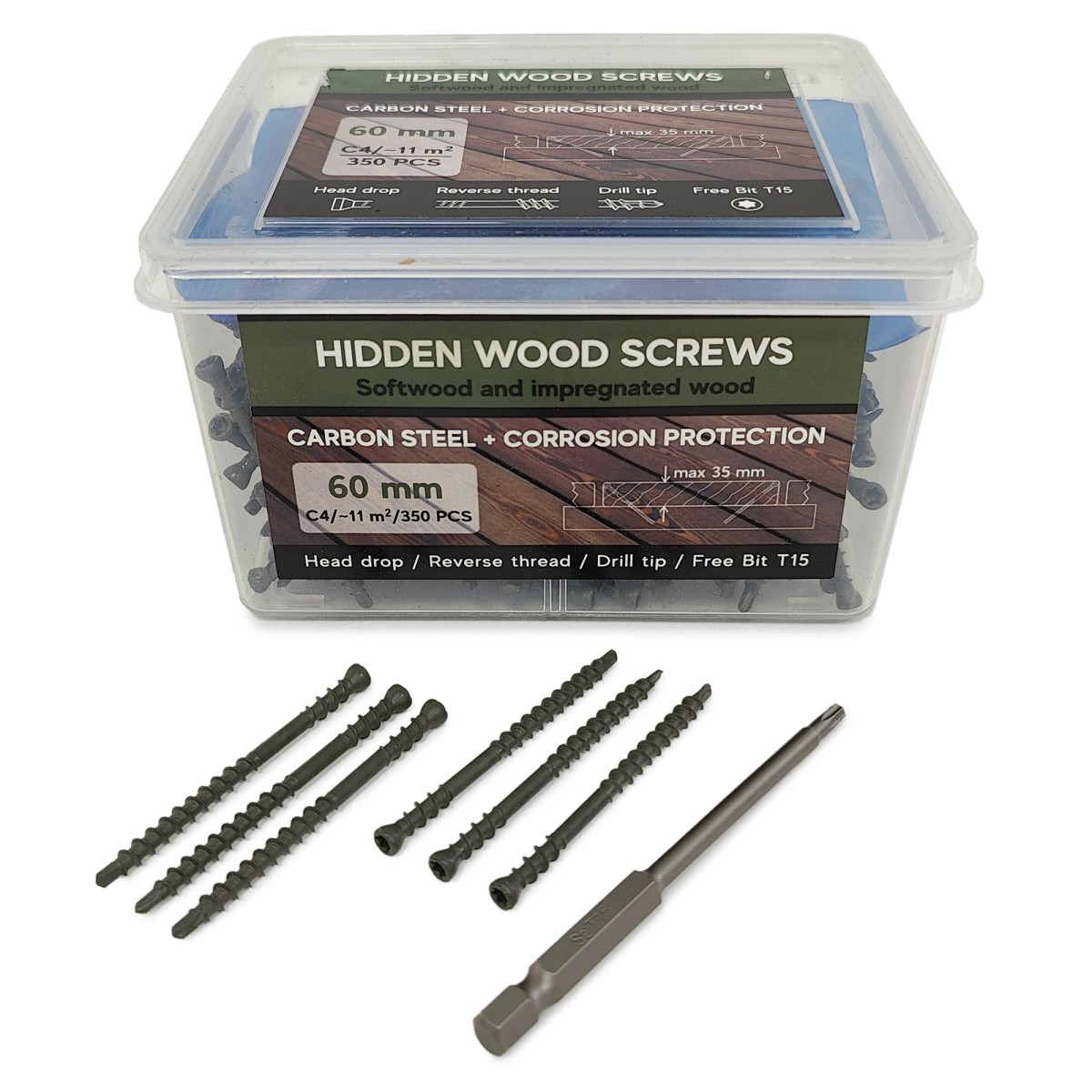 Упаковка саморезов (скрытый крепеж) Hidden Wood Screws С4 60мм 350шт/уп, серый