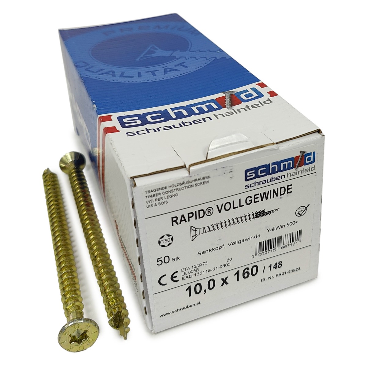 Упаковка шурупов Schmid Rapid FT FT SK Half-tip TX50 10.0х160/148 желтый цинк, полная резьба, потай 50шт/уп, желтый