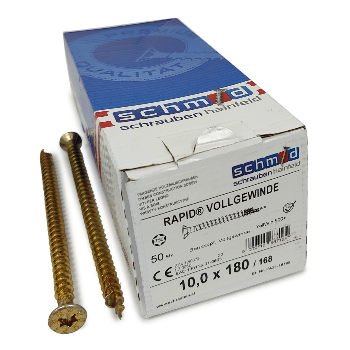 Упаковка шурупов Schmid Rapid FT FT SK Half-tip TX50 10.0х180/168 желтый цинк, полная резьба, потай 50шт/уп, желтый