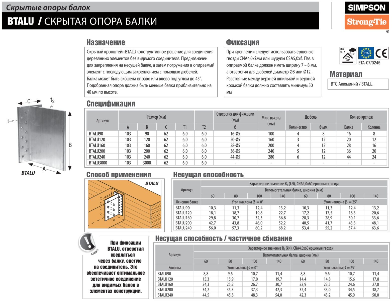 Потайная алюминиевая Т-опора Simpson ALU1200