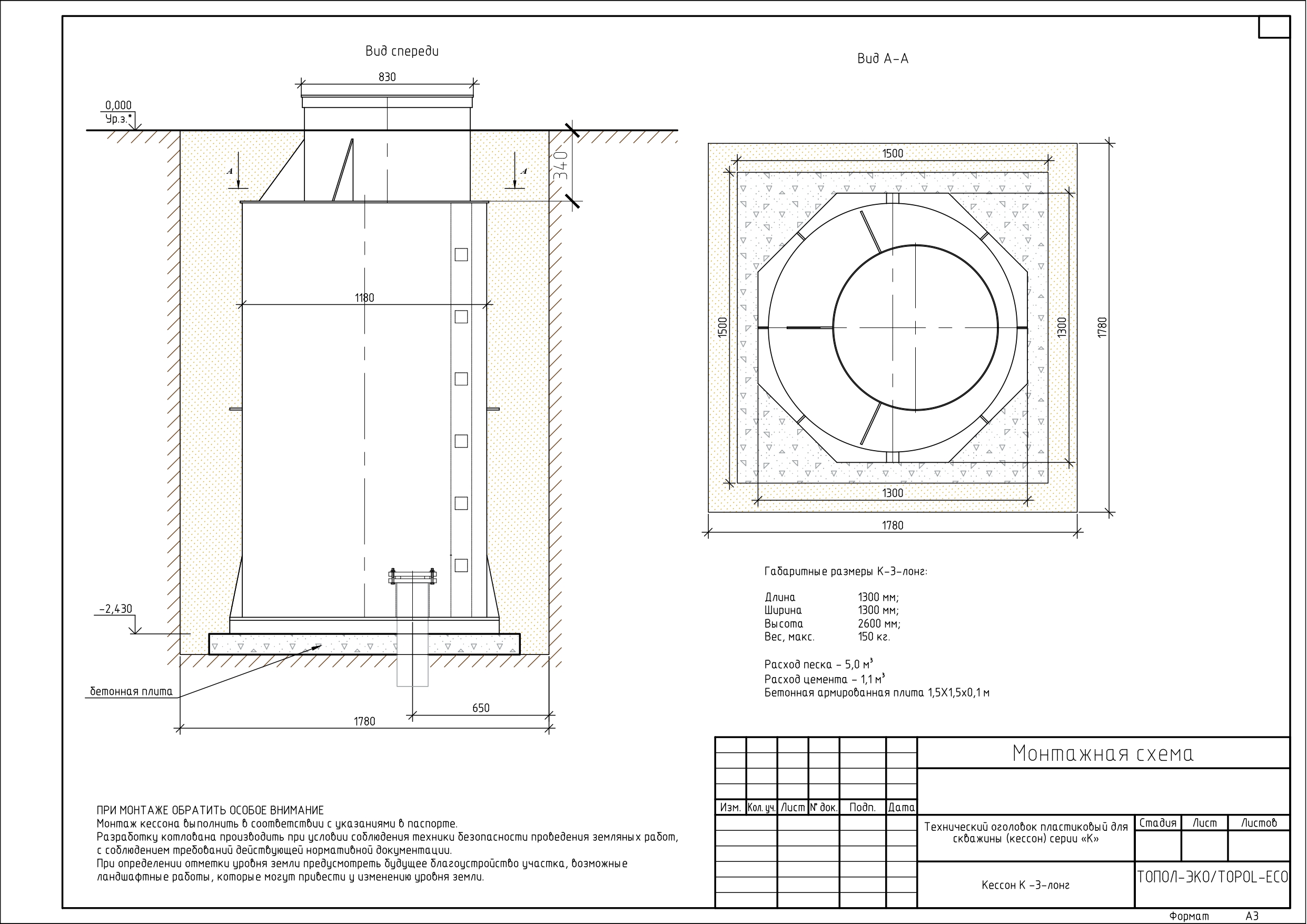 Кессон ТОПОЛ-ЭКО К-3 Long (муфта 140-150) 1300х1300х2600мм